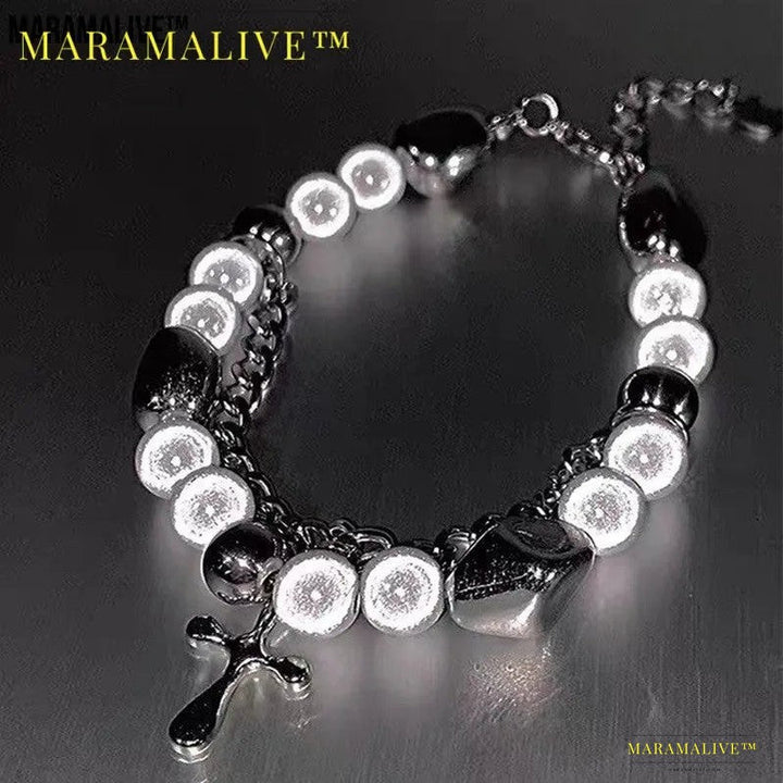 Fashion Jewelry Double-layer Reflective Pearl Cross Charmed Bracelet