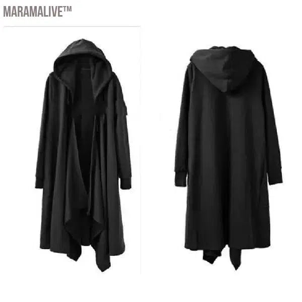 Fashion Men`s Punk Style Black Hoodie Hip Hop Long Cardigan Gothic Hooded Sweatshirts Cape Cloak