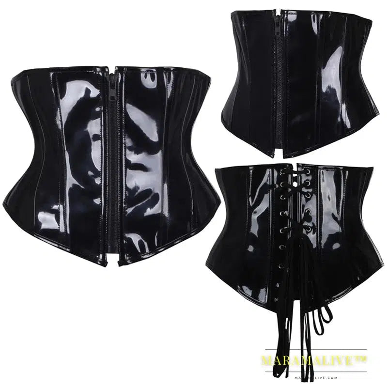 Fashion PVC Zipper Waist Trainer Corsets Top Black Fancy Bondage Bustiers Boned Lace Up Steampunk Underbust Cincher S-2XL