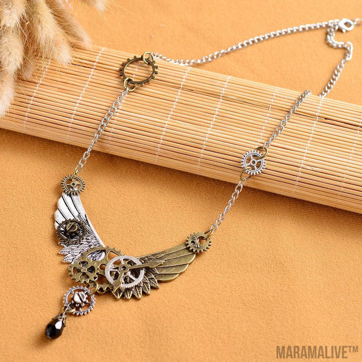 Fashion Retro Steampunk Gear Wing Pendant Necklace