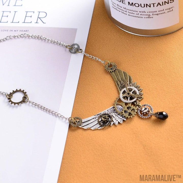 Fashion Retro Steampunk Gear Wing Pendant Necklace