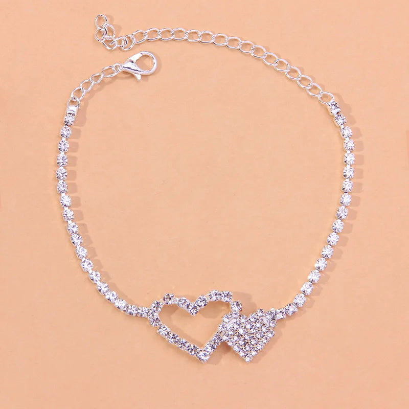 Fashion Rhinestone Double Heart Anklet for Women Boho Beach Foot Jewelry Tennis Chain Ankle Leg Bracelet Love Gift