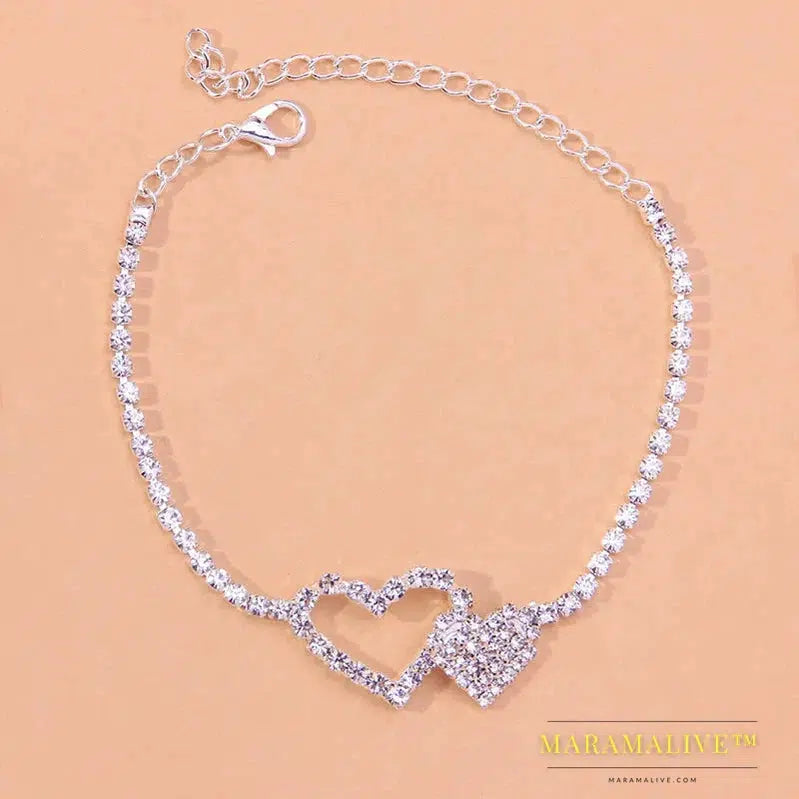 Fashion Rhinestone Double Heart Anklet for Women Boho Beach Foot Jewelry Tennis Chain Ankle Leg Bracelet Love Gift