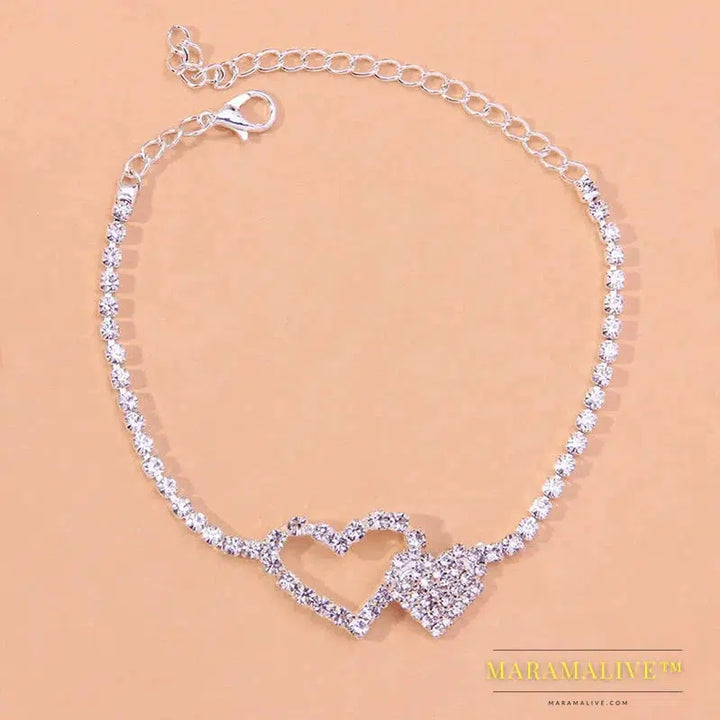 Fashion Rhinestone Double Heart Anklet for Women Boho Beach Foot Jewelry Tennis Chain Ankle Leg Bracelet Love Gift