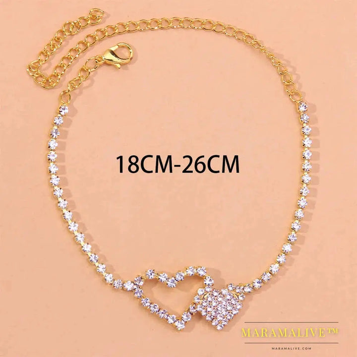 Fashion Rhinestone Double Heart Anklet for Women Boho Beach Foot Jewelry Tennis Chain Ankle Leg Bracelet Love Gift