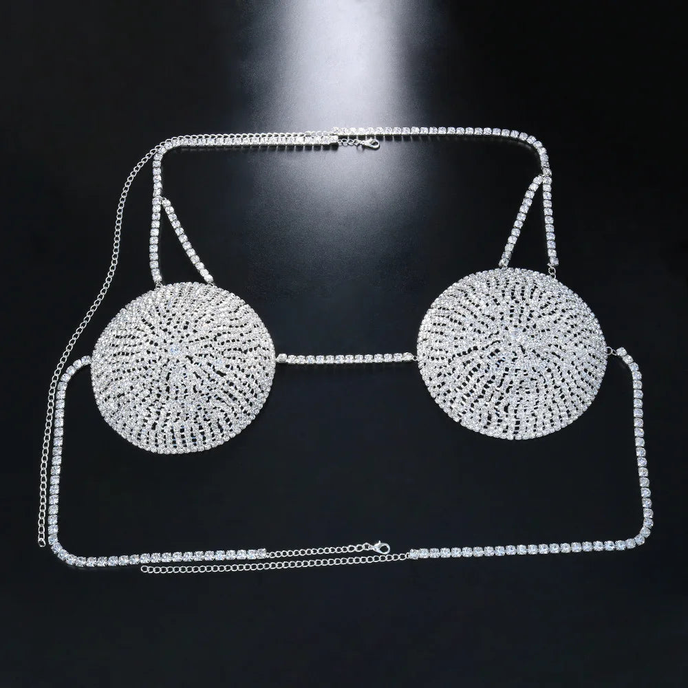 Fashion Round Crystal Bra Top Dress Clothing for Women Nightclub Bling Rhinestone Lingerie Chain Body Jewelry Party