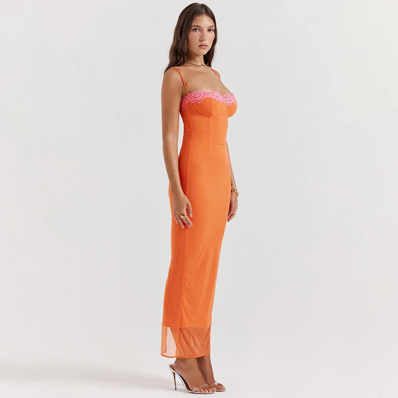 Fashion Sexy Evening Wear Birthday Dresses Classic Flame Orange Maxi Dress Women Elegant Tight Waist Lace Halter Dress