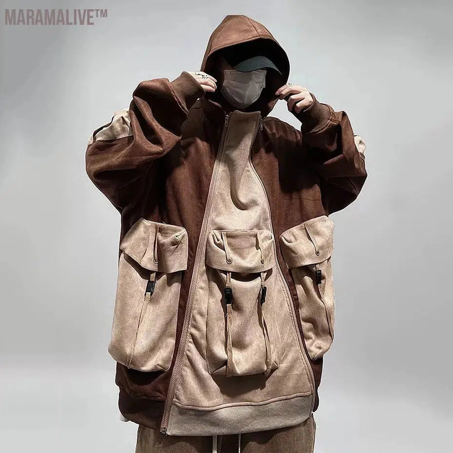 Fashion Streetwear Oversized Hoodie Double-zipper Multi Pocket Techwear Cargo Hooded Sweatshirts Hip Hop Loose Pullovers