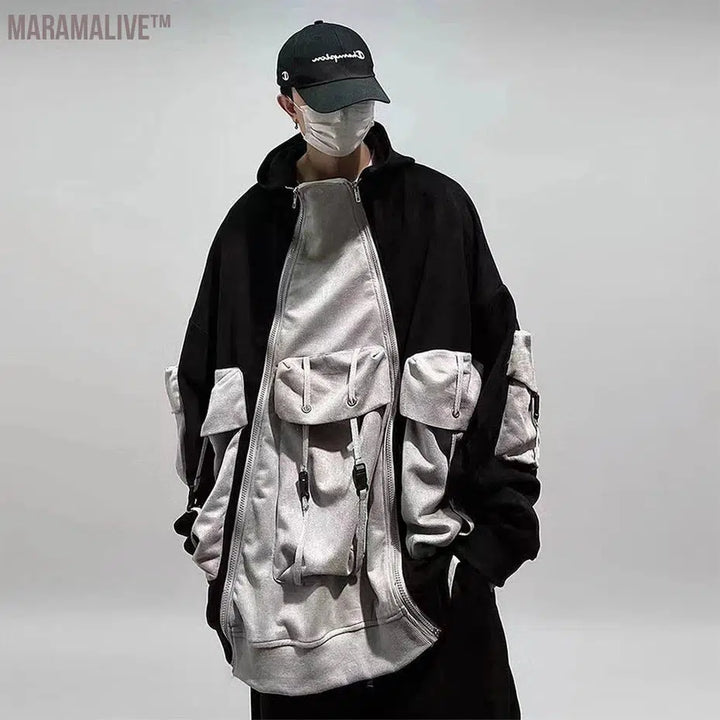 Fashion Streetwear Oversized Hoodie Double-zipper Multi Pocket Techwear Cargo Hooded Sweatshirts Hip Hop Loose Pullovers