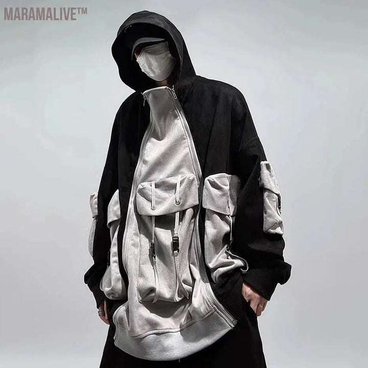 Fashion Streetwear Oversized Hoodie Double-zipper Multi Pocket Techwear Cargo Hooded Sweatshirts Hip Hop Loose Pullovers