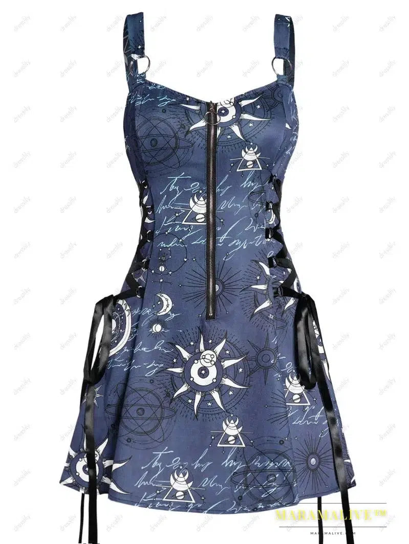 Fashion Sun Moon Print Lace Up Mini Dress Summer Sleeveless Gothic Dresses Women Square Neck Goth Vintage Clothes Y2k Vestidos