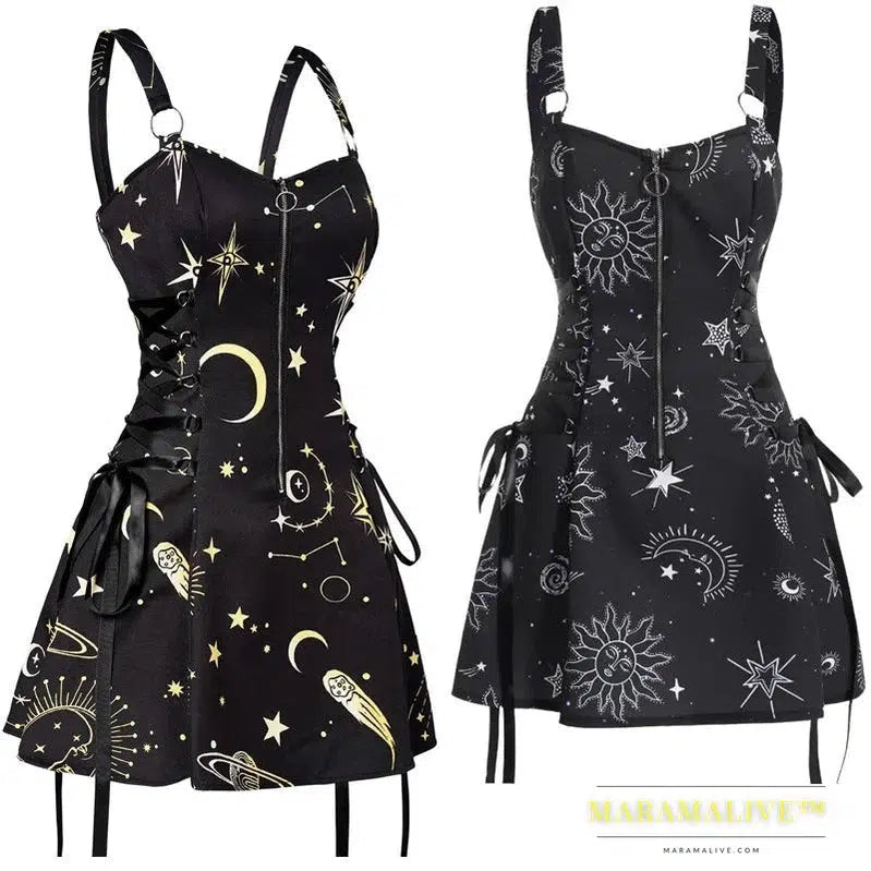 Fashion Sun Moon Print Lace Up Mini Dress Summer Sleeveless Gothic Dresses Women Square Neck Goth Vintage Clothes Y2k Vestidos