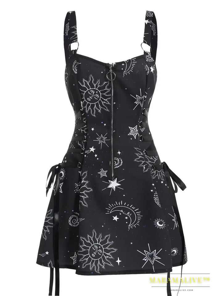 Fashion Sun Moon Print Lace Up Mini Dress Summer Sleeveless Gothic Dresses Women Square Neck Goth Vintage Clothes Y2k Vestidos