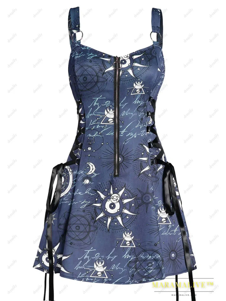 Fashion Sun Moon Print Lace Up Mini Dress Summer Sleeveless Gothic Dresses Women Square Neck Goth Vintage Clothes Y2k Vestidos