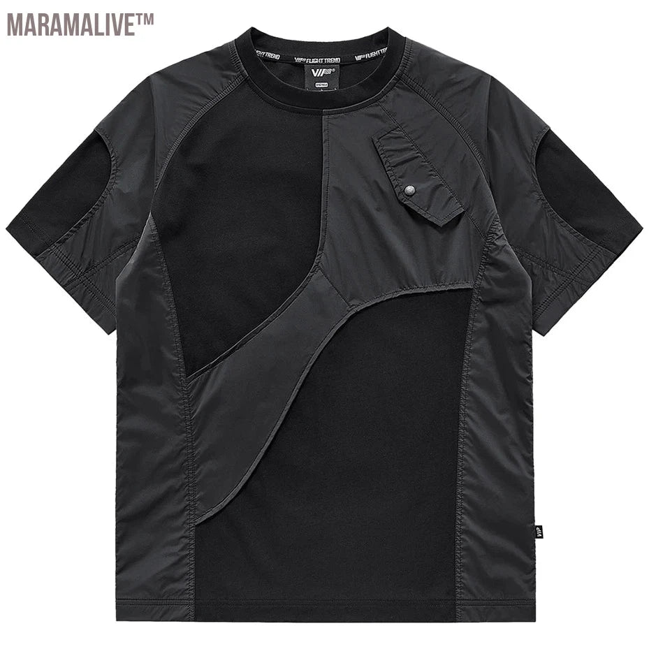 Fashion Techwear T-shirts Irregular Patchwork Cargo Tee Top Men Harajuku Streetwear Oversized Hip Hop T Shirt Y2K Cotton