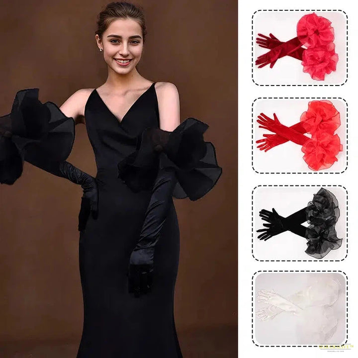 Fashion Velvet Long Gloves With Organza Ruffles Solid Color Hand Sleeve For Women Bridal Wedding Dress Photo Prop Clothing Glove