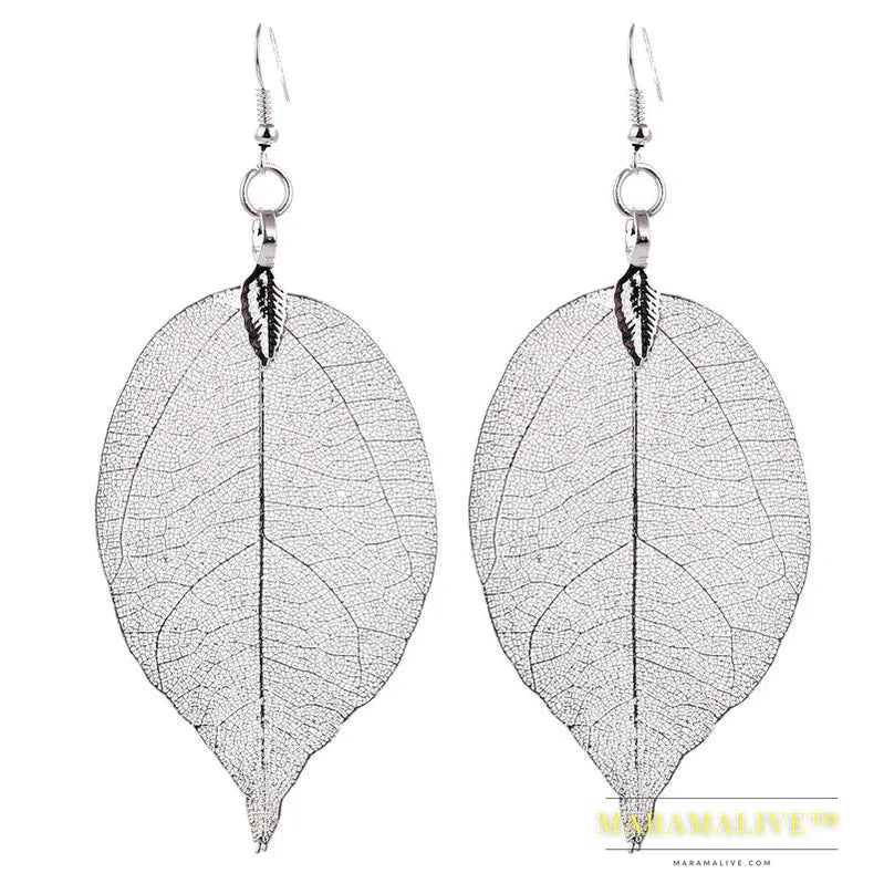 Fashion Wedding Long Earrings Filigree Dipped Unique Natural Real Leaf Earings for Women Fine Jewelry Party Gifts