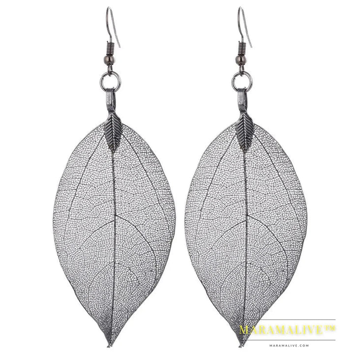 Fashion Wedding Long Earrings Filigree Dipped Unique Natural Real Leaf Earings for Women Fine Jewelry Party Gifts