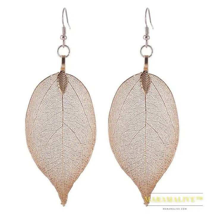 Fashion Wedding Long Earrings Filigree Dipped Unique Natural Real Leaf Earings for Women Fine Jewelry Party Gifts