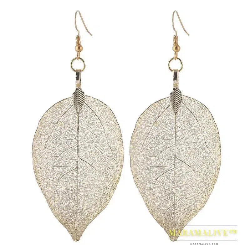 Fashion Wedding Long Earrings Filigree Dipped Unique Natural Real Leaf Earings for Women Fine Jewelry Party Gifts