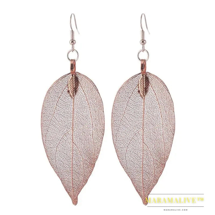 Fashion Wedding Long Earrings Filigree Dipped Unique Natural Real Leaf Earings for Women Fine Jewelry Party Gifts