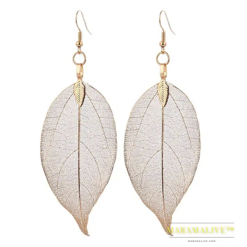 Fashion Wedding Long Earrings Filigree Dipped Unique Natural Real Leaf Earings for Women Fine Jewelry Party Gifts