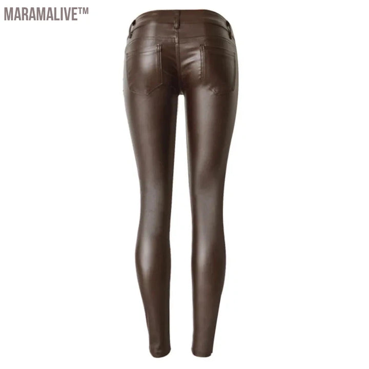 Fashion Women PU Leather Coffee Pants Low Waist Leggings Slim Leather Legging Skinny Trousers Plus Size