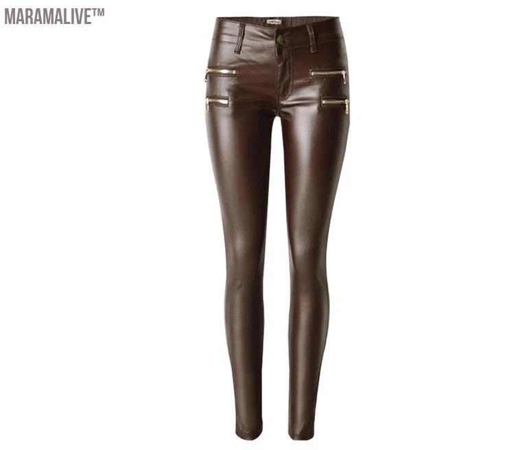 Fashion Women PU Leather Coffee Pants Low Waist Leggings Slim Leather Legging Skinny Trousers Plus Size