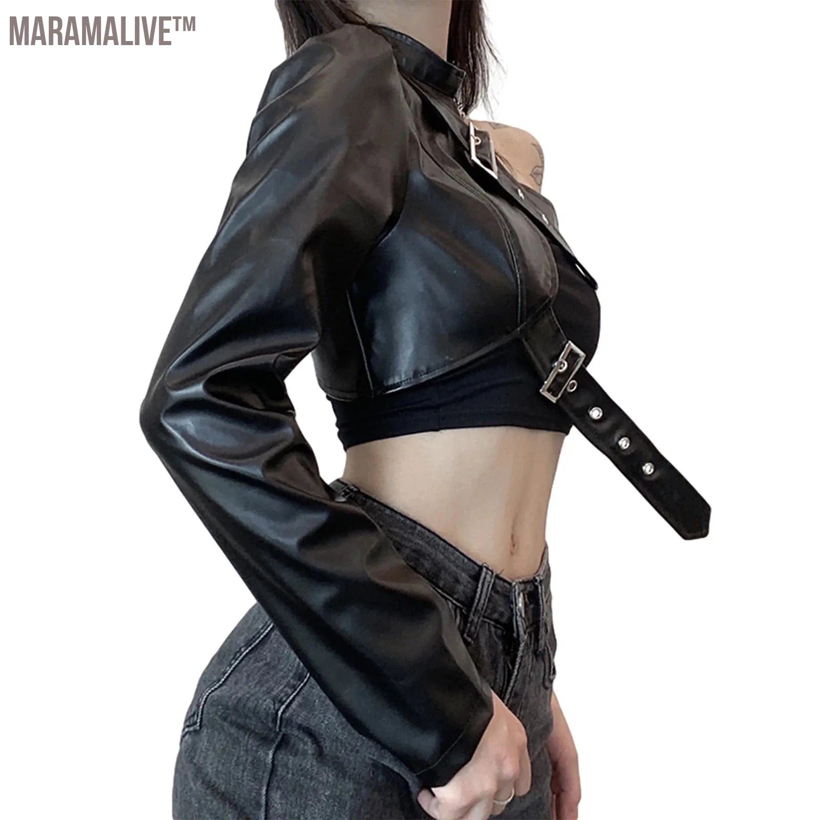 Fashion Women Punk Style Crop Tops Cool Single Long Sleeve Neck Hanger Leather Belt Connected Tops Women Clothing