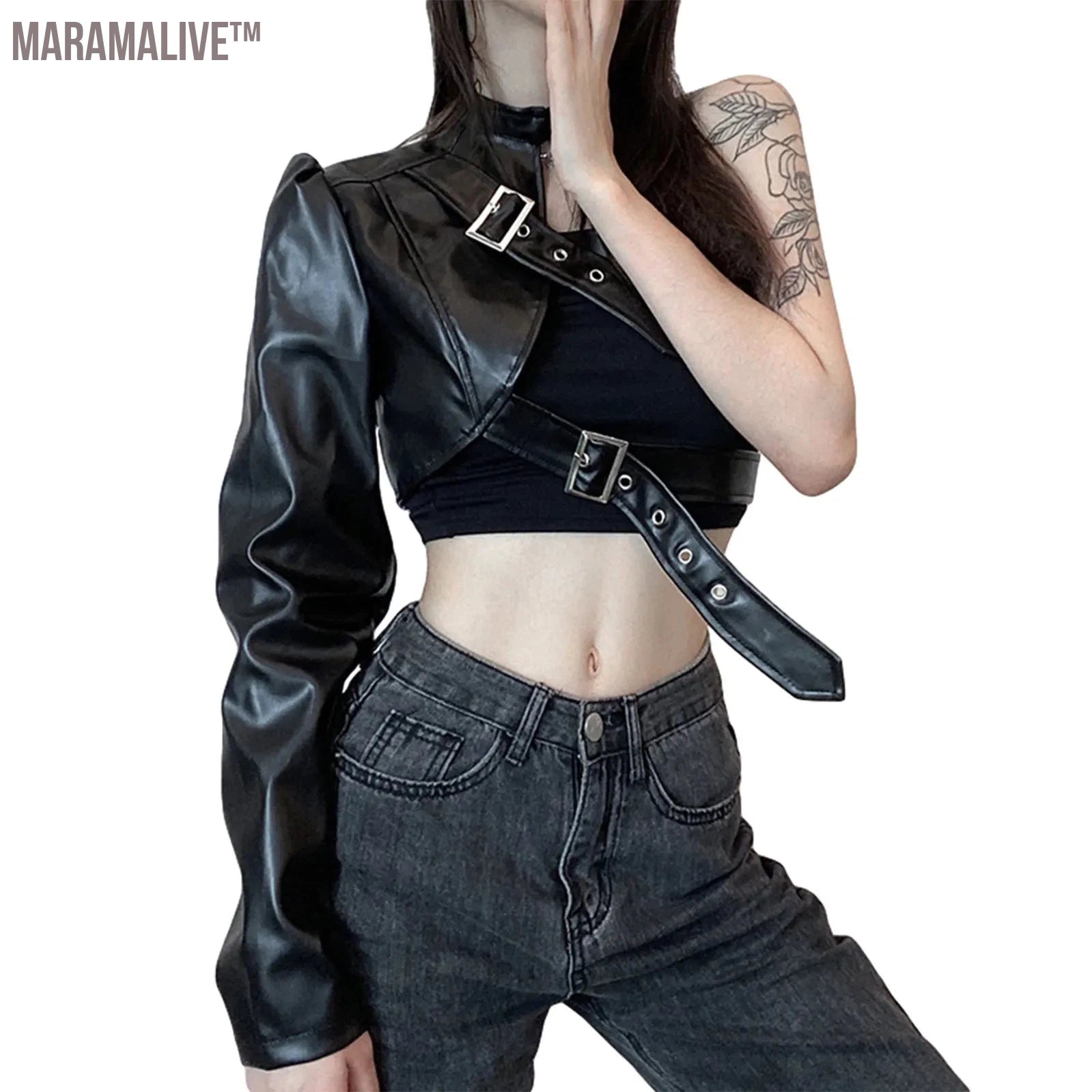 Fashion Women Punk Style Crop Tops Cool Single Long Sleeve Neck Hanger Leather Belt Connected Tops Women Clothing