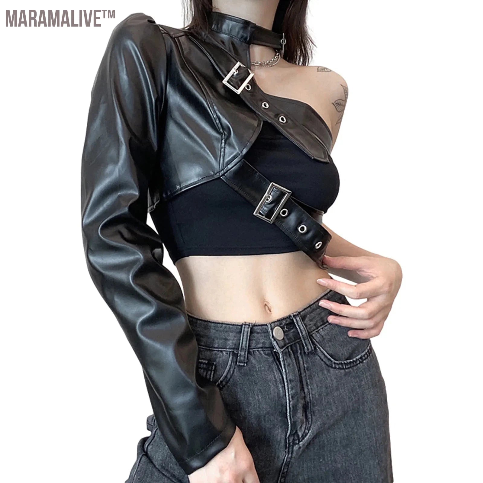 Fashion Women Punk Style Crop Tops Cool Single Long Sleeve Neck Hanger Leather Belt Connected Tops Women Clothing