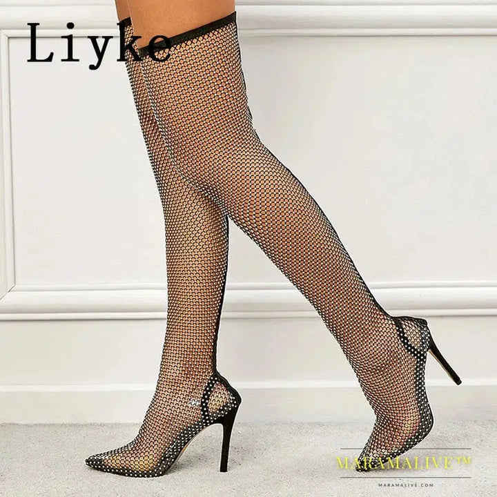 Fashion Women Rhinestone Mesh Socks Thigh High Over The Knee Bootees Sandals Sexy Pointed Toe Nightclub Stripper Heels Shoe