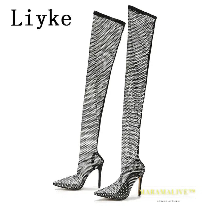 Fashion Women Rhinestone Mesh Socks Thigh High Over The Knee Bootees Sandals Sexy Pointed Toe Nightclub Stripper Heels Shoe