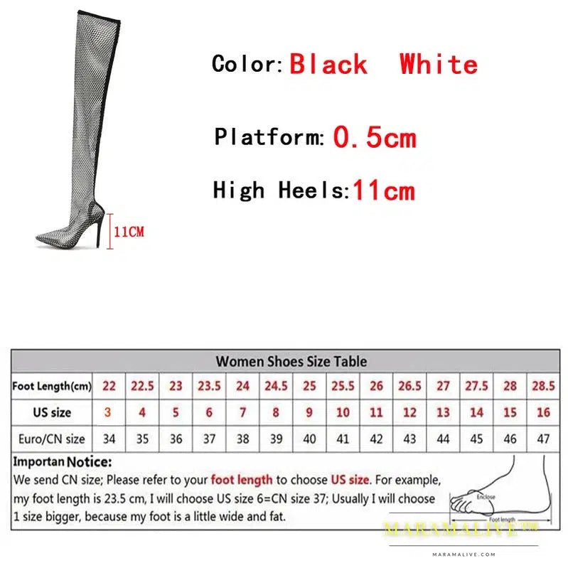 Fashion Women Rhinestone Mesh Socks Thigh High Over The Knee Bootees Sandals Sexy Pointed Toe Nightclub Stripper Heels Shoe