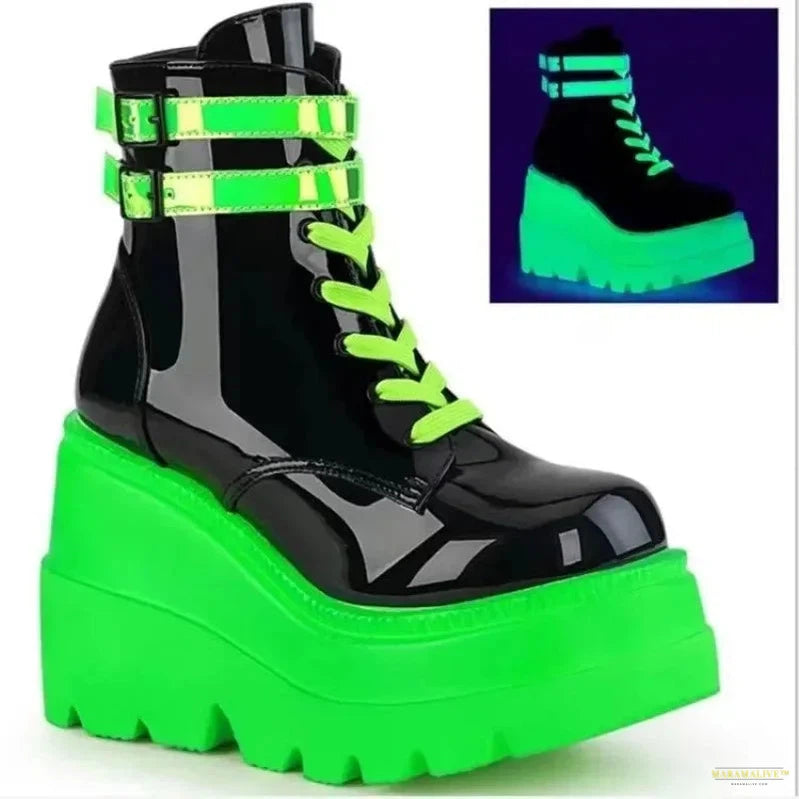 Fashion Zip Lace-up High Heels Women's Boot Party Goth Wedges Shoes Woman Luxury New Female Platform Green Ankle Boots