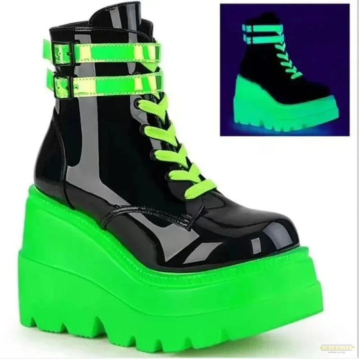 Fashion Zip Lace-up High Heels Women's Boot Party Goth Wedges Shoes Woman Luxury New Female Platform Green Ankle Boots