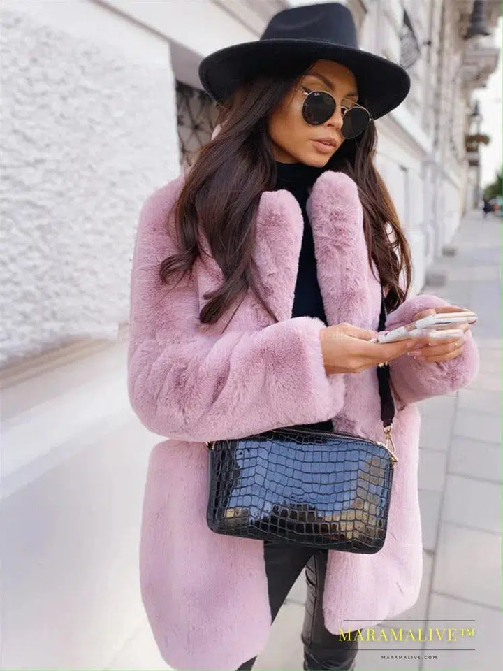 Faux Fur Coat Women Purple Long Sleeve Lapel Winter Coat New Fashion Temperament Office LadyWhite Fur Jackets Clothing Red