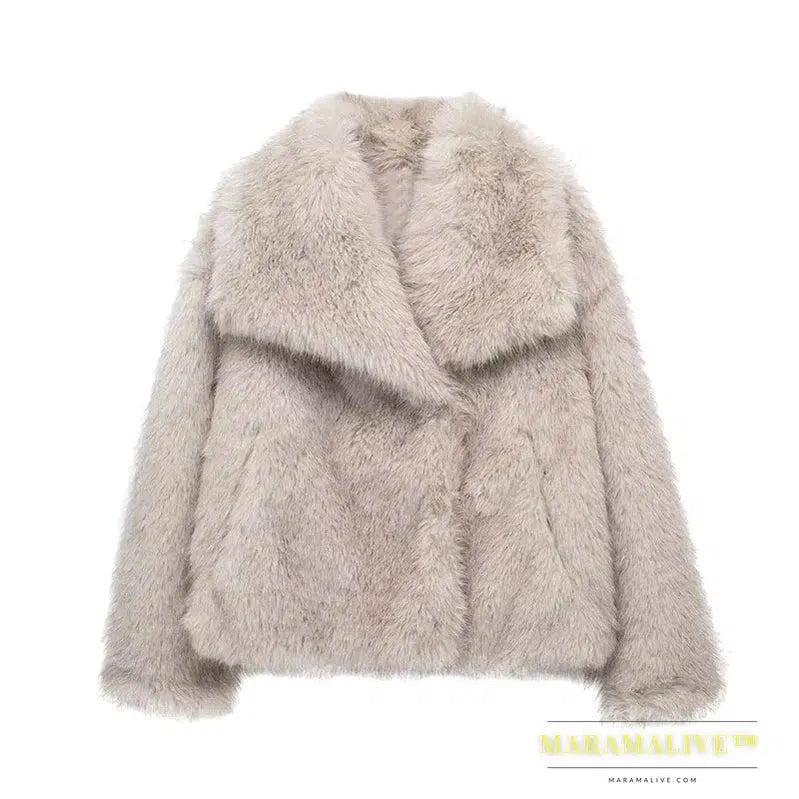 Faux Fur Coat Women Winter New Thick Warm Lapel Pockets Elegant Vintage Fluffy Jackets 2023 Fashion Hot Solid Fur Female Coats