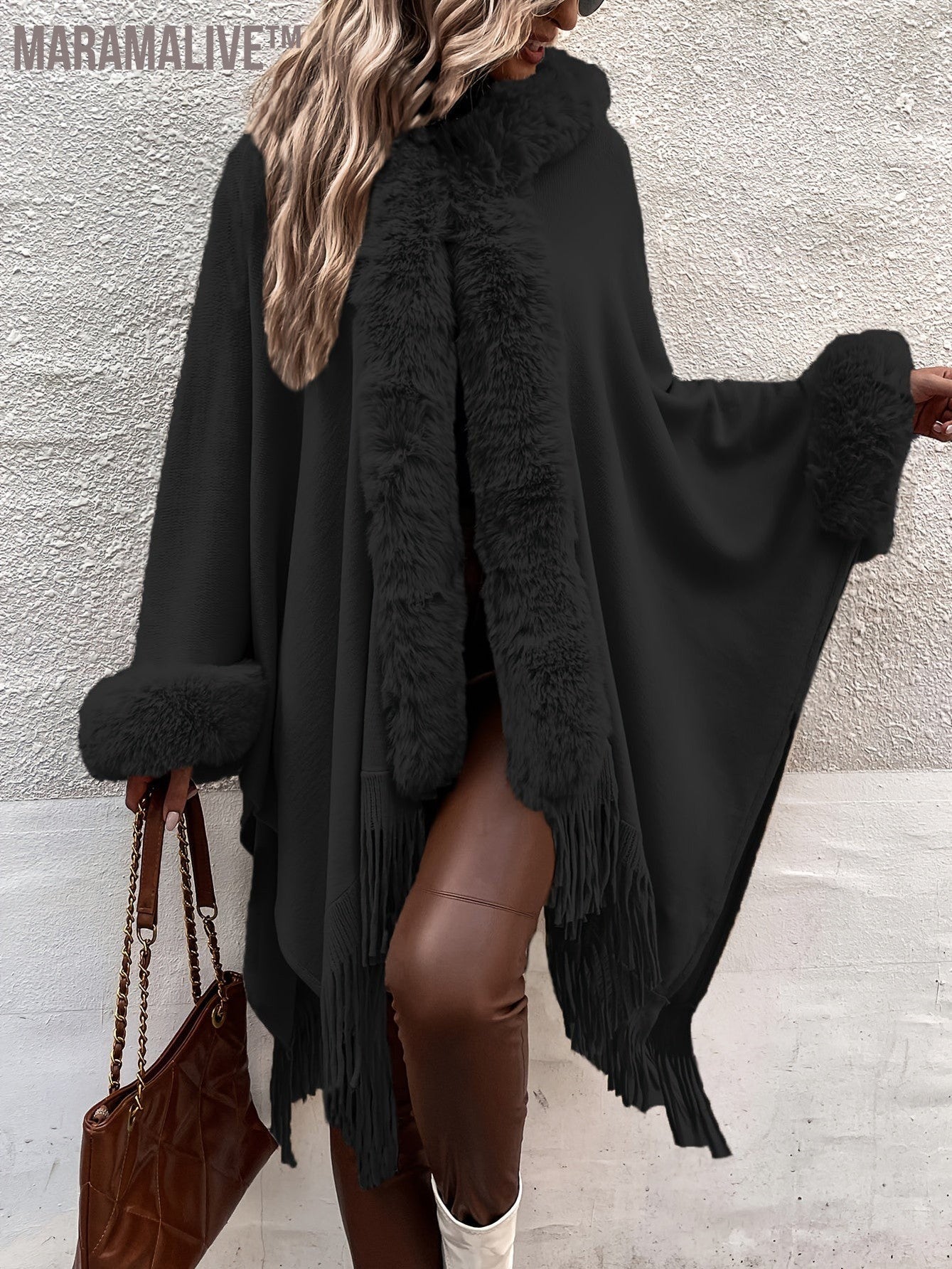 Faux Fur Trim Fringe Hem Cape, Thermal Open Front Cape Cardigan, Women's Clothing