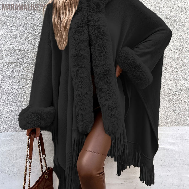 Faux Fur Trim Fringe Hem Cape, Thermal Open Front Cape Cardigan, Women's Clothing