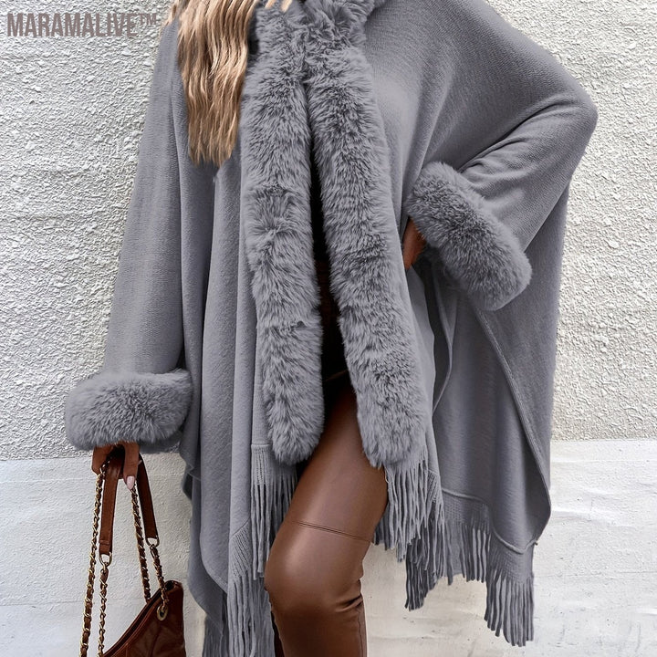 Faux Fur Trim Fringe Hem Cape, Thermal Open Front Cape Cardigan, Women's Clothing