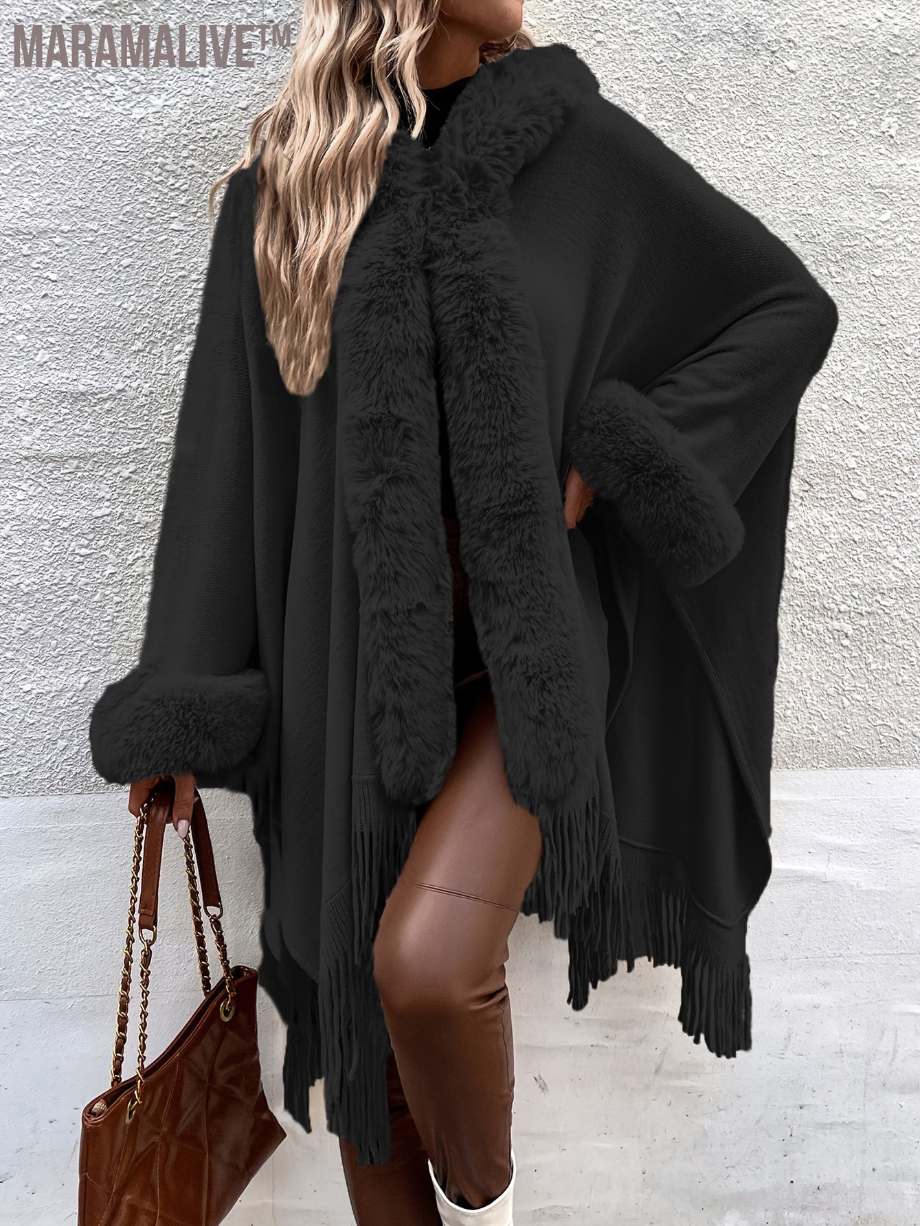 Faux Fur Trim Fringe Hem Cape, Thermal Open Front Cape Cardigan, Women's Clothing