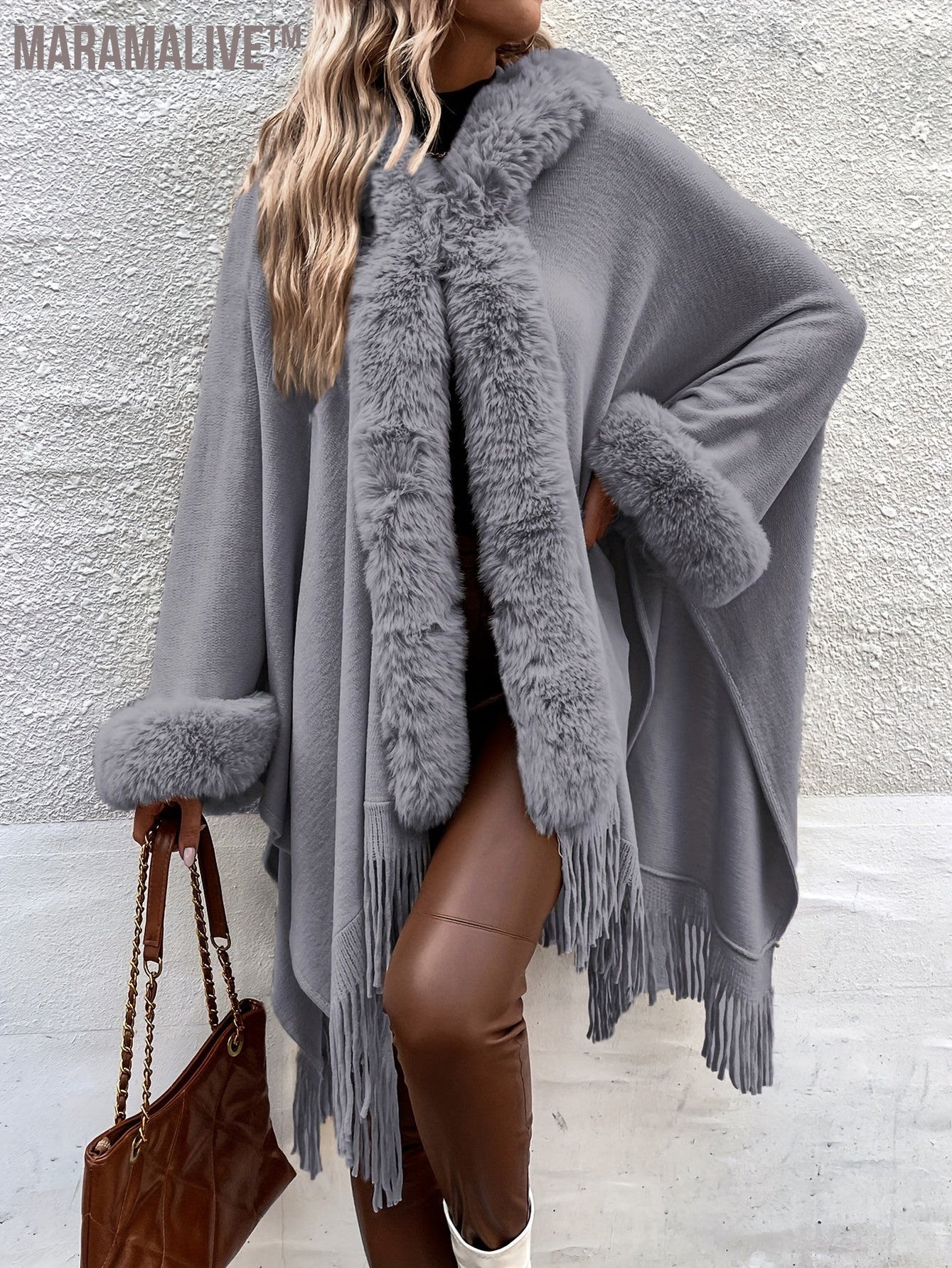 Faux Fur Trim Fringe Hem Cape, Thermal Open Front Cape Cardigan, Women's Clothing