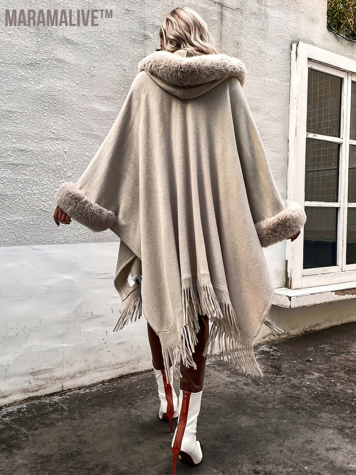 Faux Fur Trim Fringe Hem Cape, Thermal Open Front Cape Cardigan, Women's Clothing