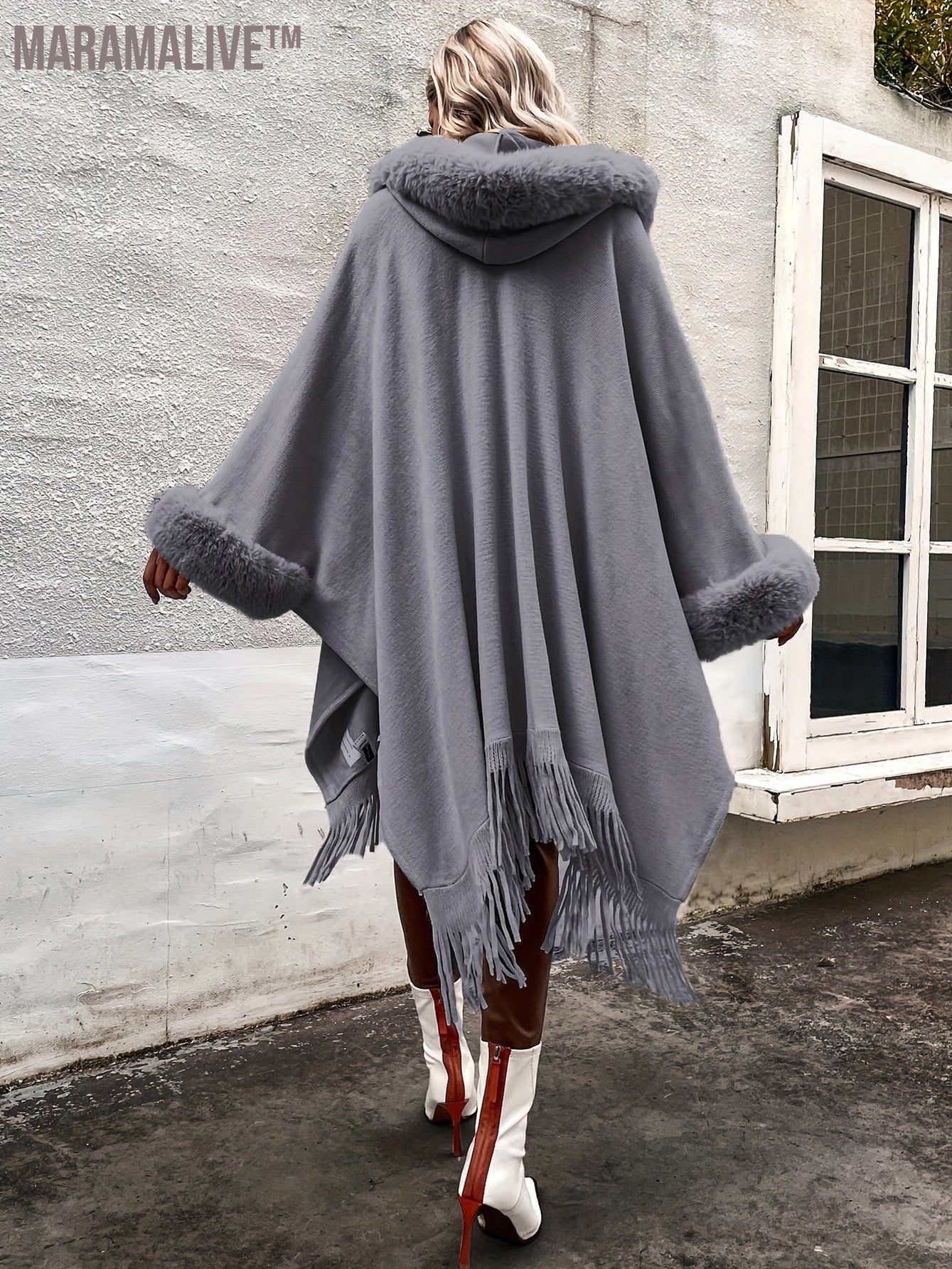 Faux Fur Trim Fringe Hem Cape, Thermal Open Front Cape Cardigan, Women's Clothing