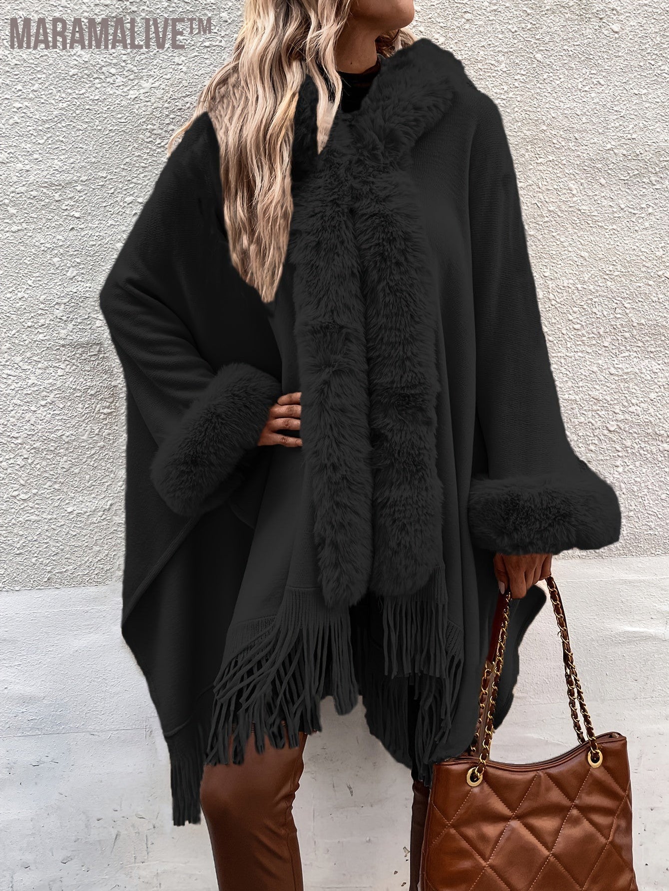 Faux Fur Trim Fringe Hem Cape, Thermal Open Front Cape Cardigan, Women's Clothing