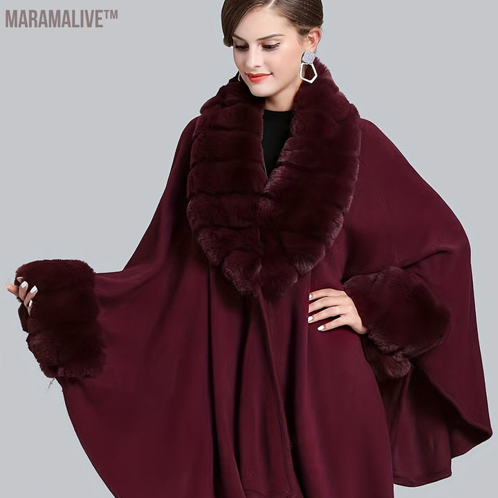 Faux Fur Trim Open Front Coat, Elegant Batwing Sleeve Cape For Fall & Winter, Women's Clothing