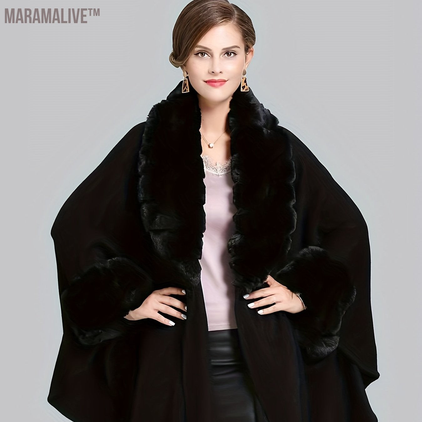 Faux Fur Trim Open Front Coat, Elegant Batwing Sleeve Cape For Fall & Winter, Women's Clothing