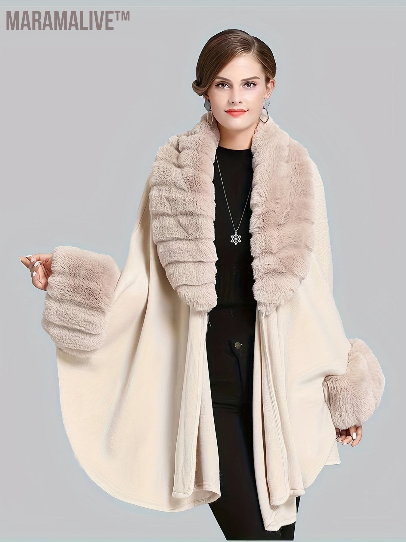 Faux Fur Trim Open Front Coat, Elegant Batwing Sleeve Cape For Fall & Winter, Women's Clothing