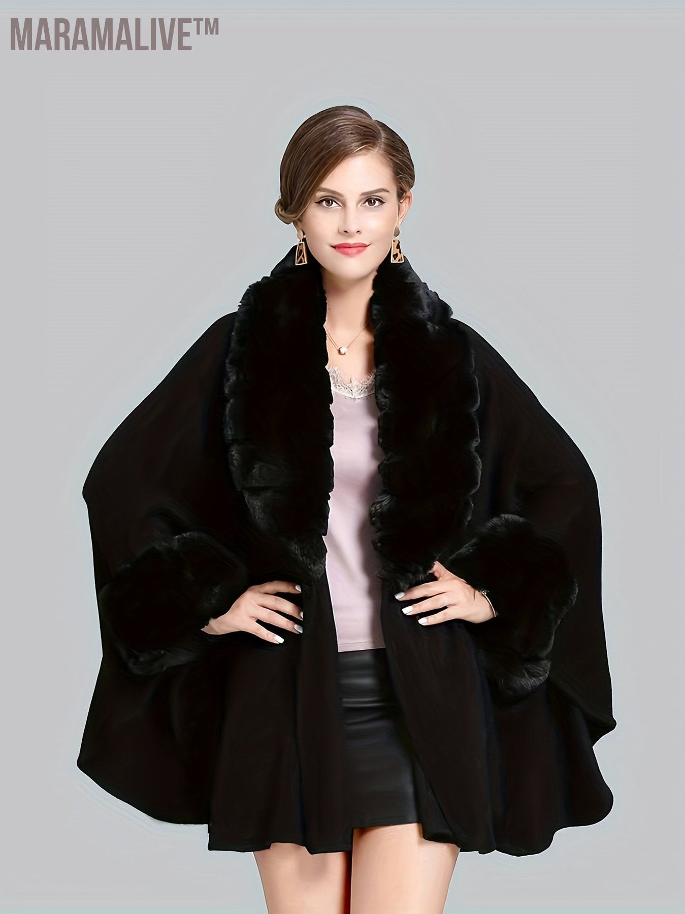 Faux Fur Trim Open Front Coat, Elegant Batwing Sleeve Cape For Fall & Winter, Women's Clothing